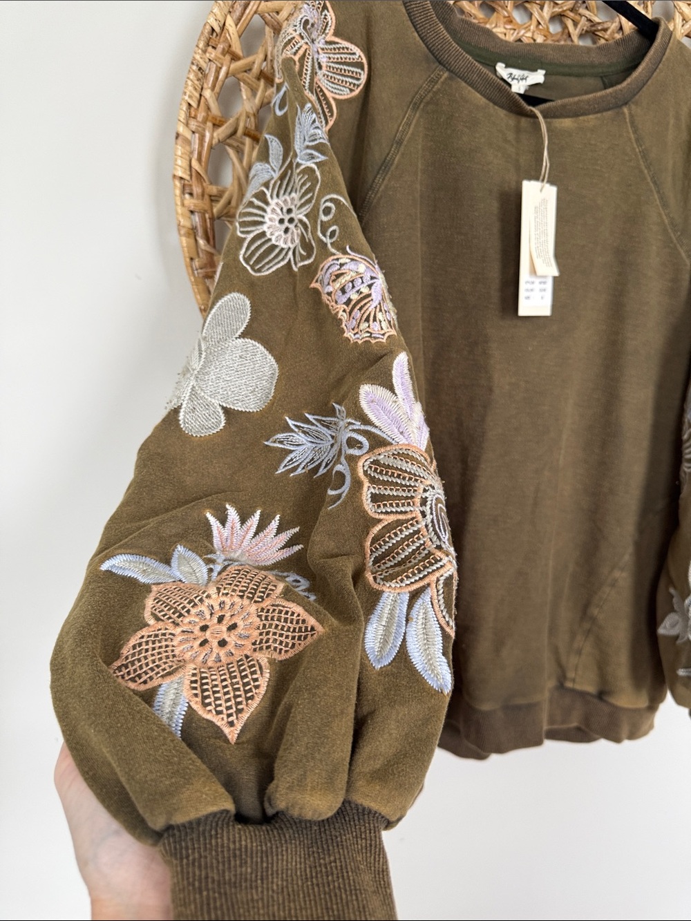 Blue Velvet Brand Mineral Washed Olive Embroidered Floral Sleeve Sweatshirt - Picture 4 of 15